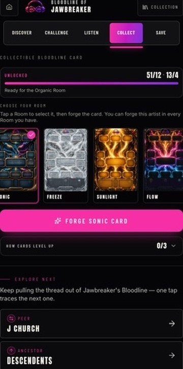 BLDLINE Collect tab showing collectible card rooms to forge