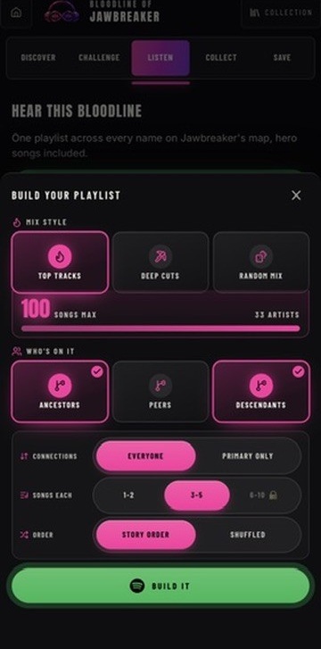 BLDLINE Listen tab with Spotify playlist build options
